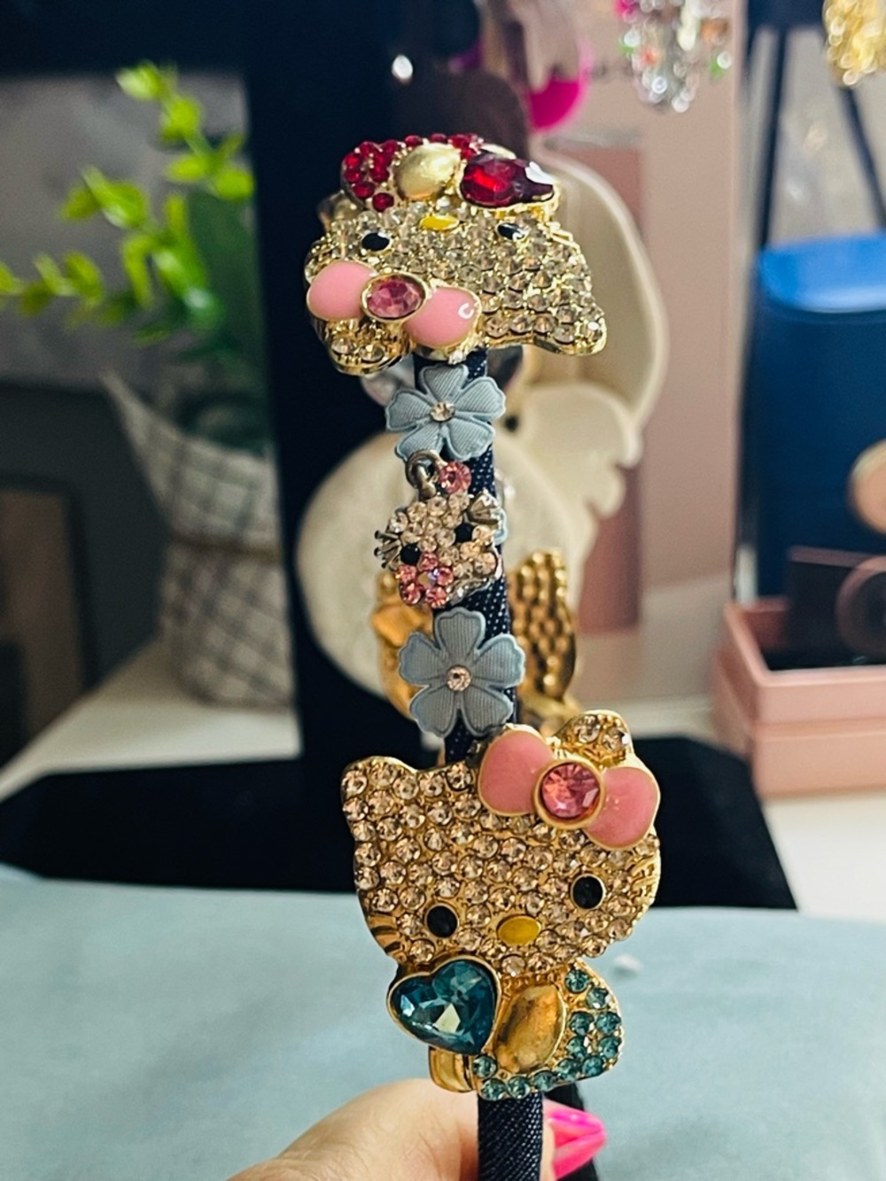 Hello Kitty-Inspired Kids Headband with Pink and Blue Gem Accents